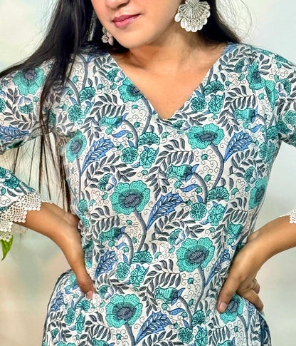 Madhobi - Bell Sleeve Kurti White and Blue