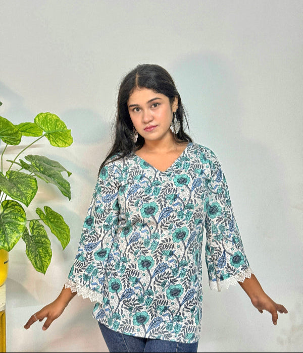 Madhobi - Bell Sleeve Kurti White and Blue