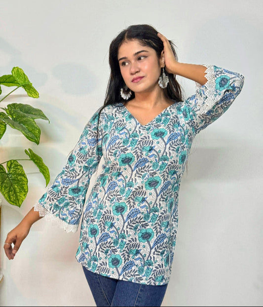 Madhobi - Bell Sleeve Kurti White and Blue