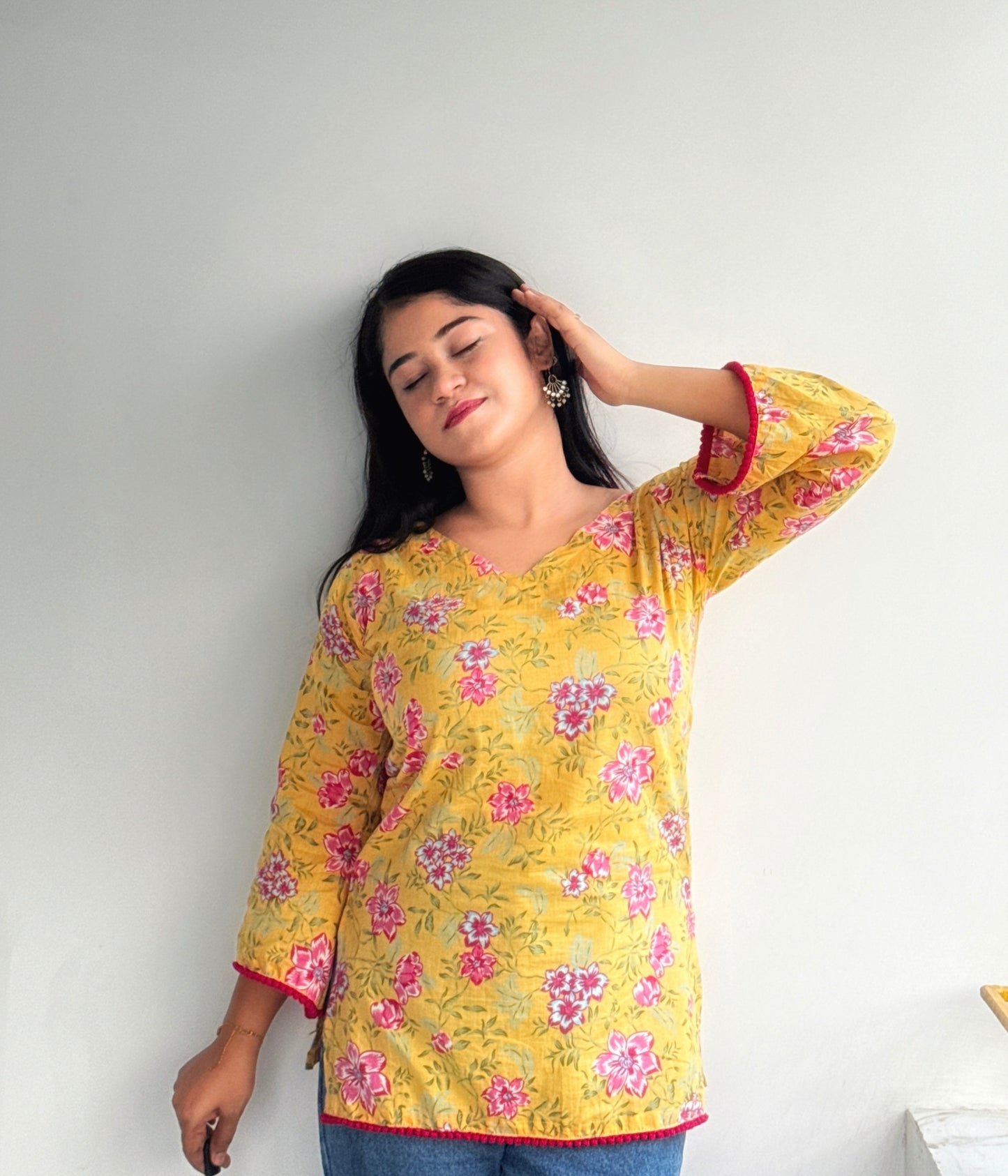 Madhobi - Bell Sleeve Kurti Yellow and Pink