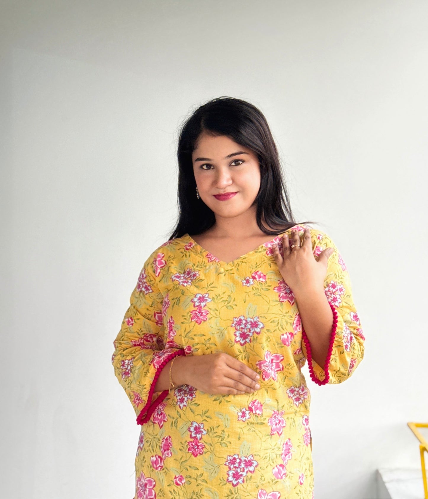 Madhobi - Bell Sleeve Kurti Yellow and Pink