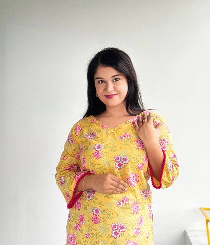 Madhobi - Bell Sleeve Kurti Yellow and Pink